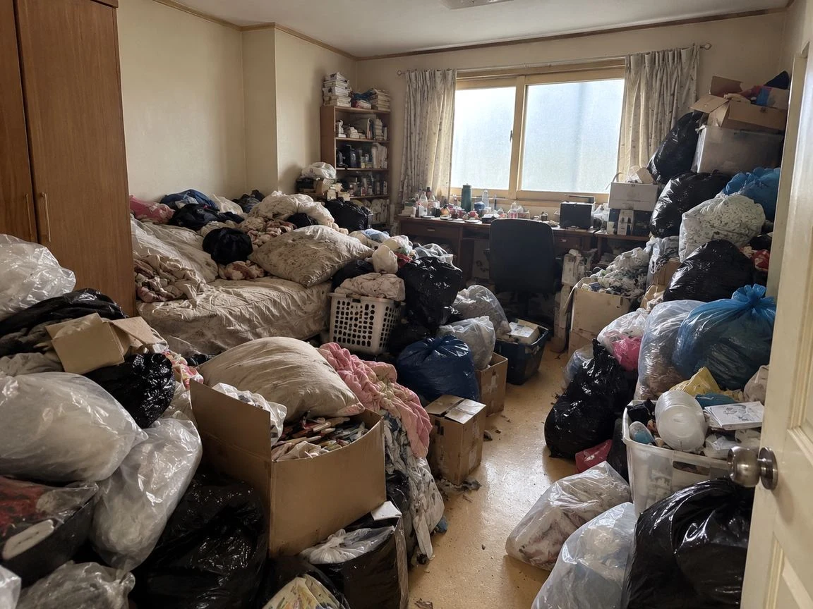 동작구 쓰레기집청소 침대와 책상 주변에 봉투·상자와 생활 물품이 쌓인 상태입니다.