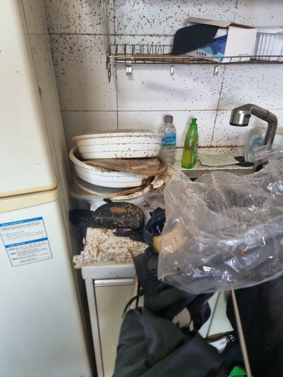 인천 검단구 원룸 쓰레기집청소 작업 전, 오염된 주방 싱크대